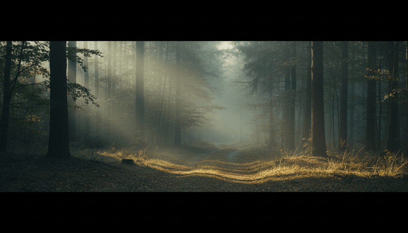 A misty forest at dawn with soft light filtering through the trees