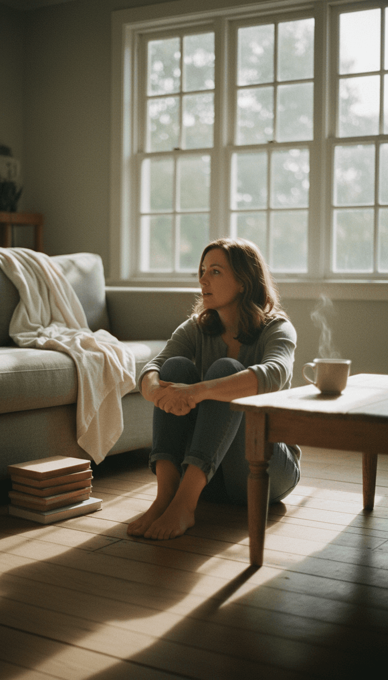 Woman sitting thoughtfully by a window in soft morning light, holding a quiet pause during a life transition