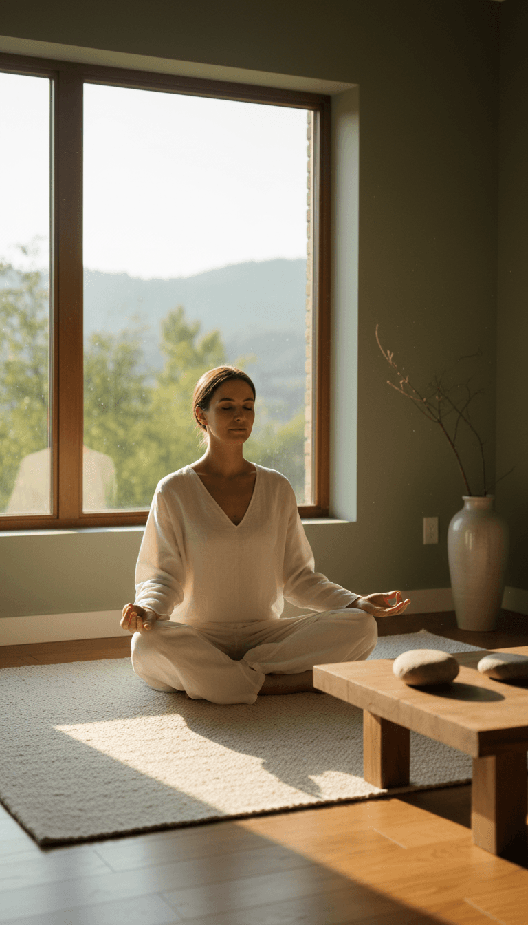 Woman seated in quiet meditation near a window with soft natural light in a serene room