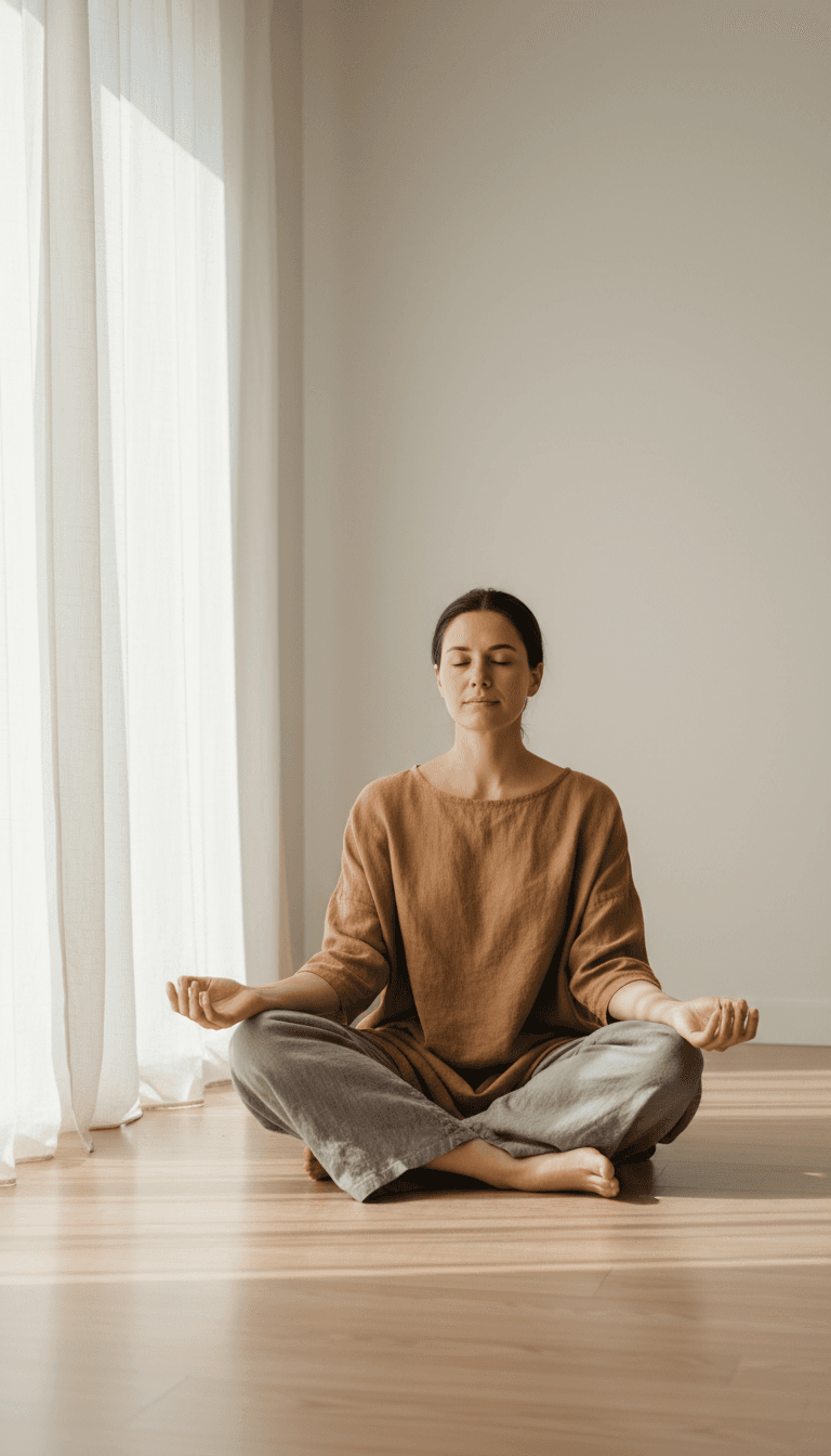 Person sitting in stillness with eyes closed, in soft natural light