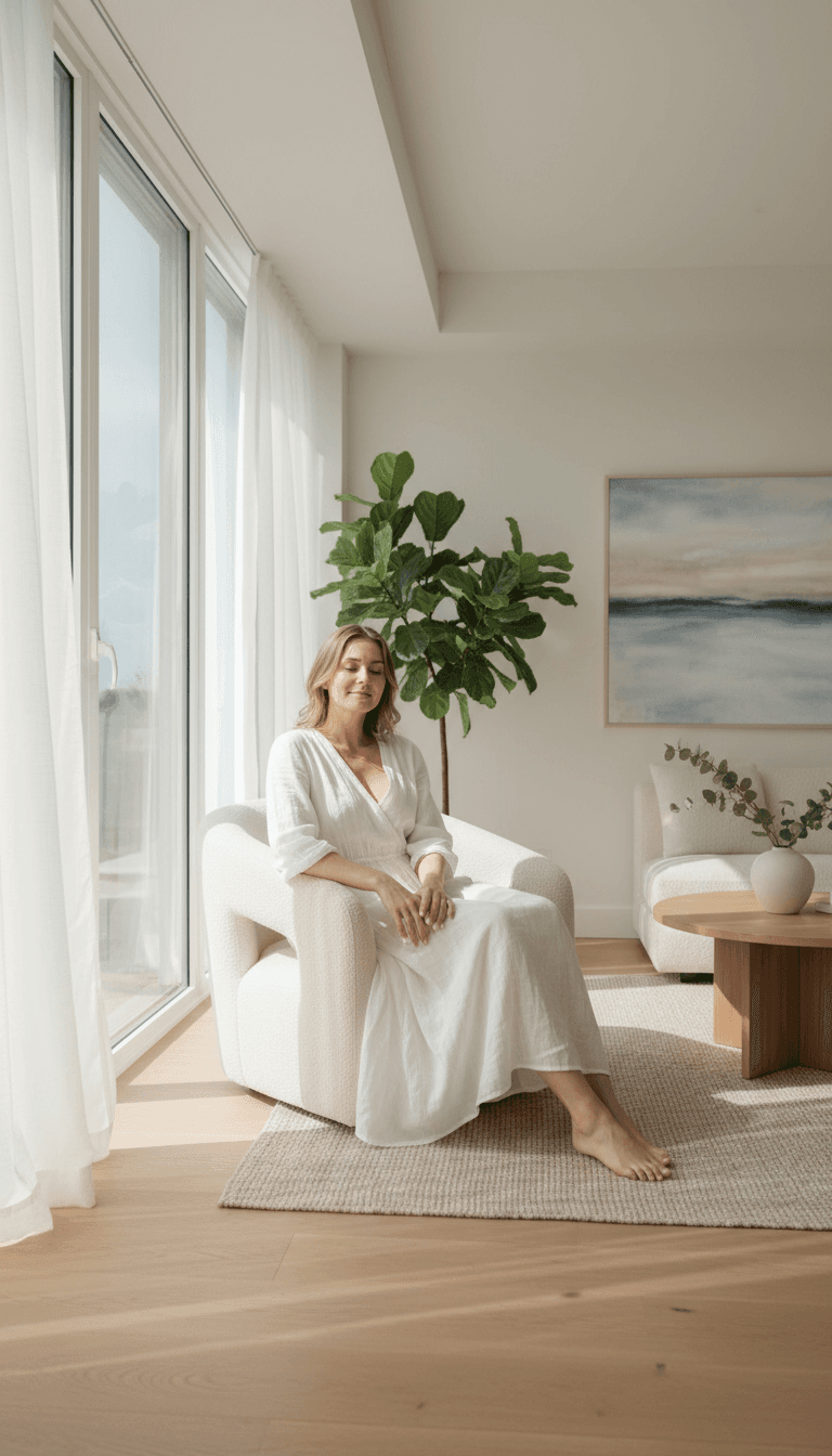 Woman sitting quietly in a bright, calm room with soft natural light