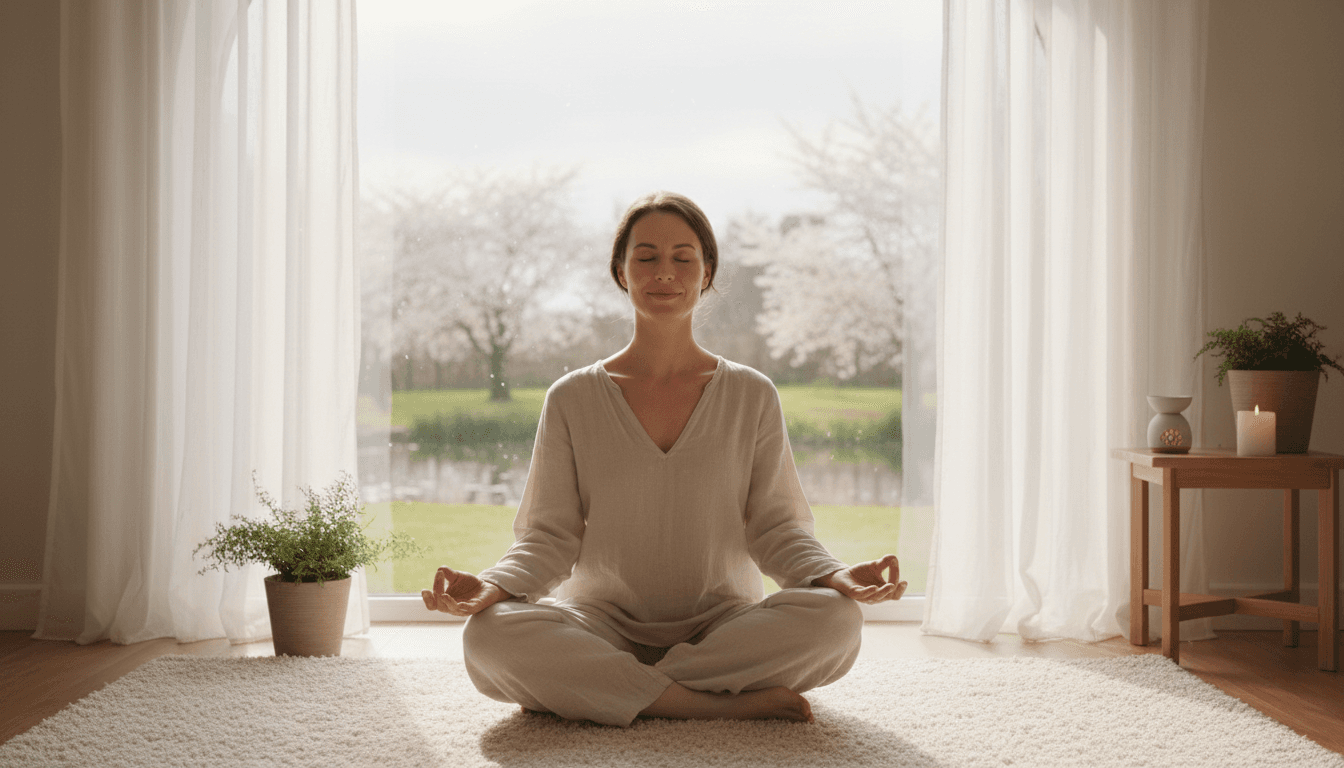 Woman sitting in quiet meditation by a window with soft natural light