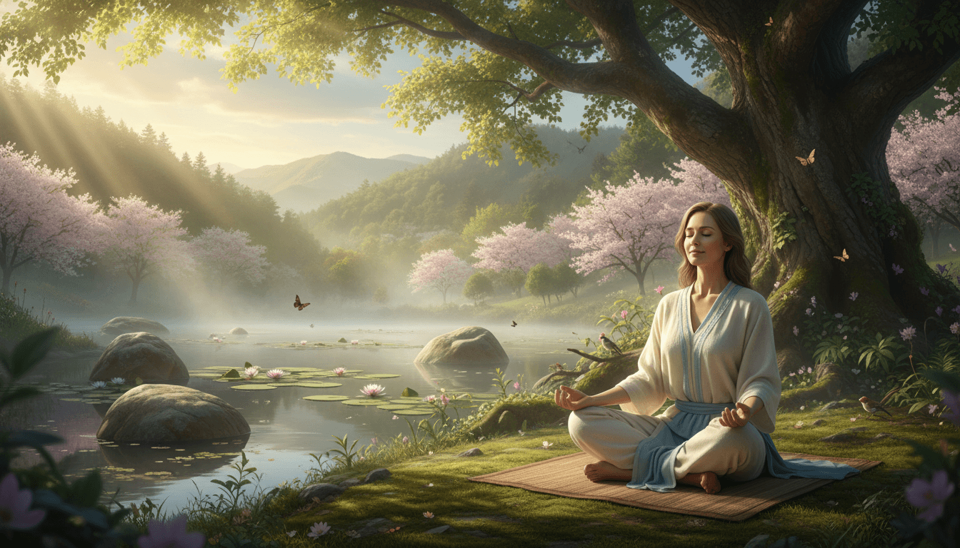 Woman sitting peacefully in meditation with soft natural light