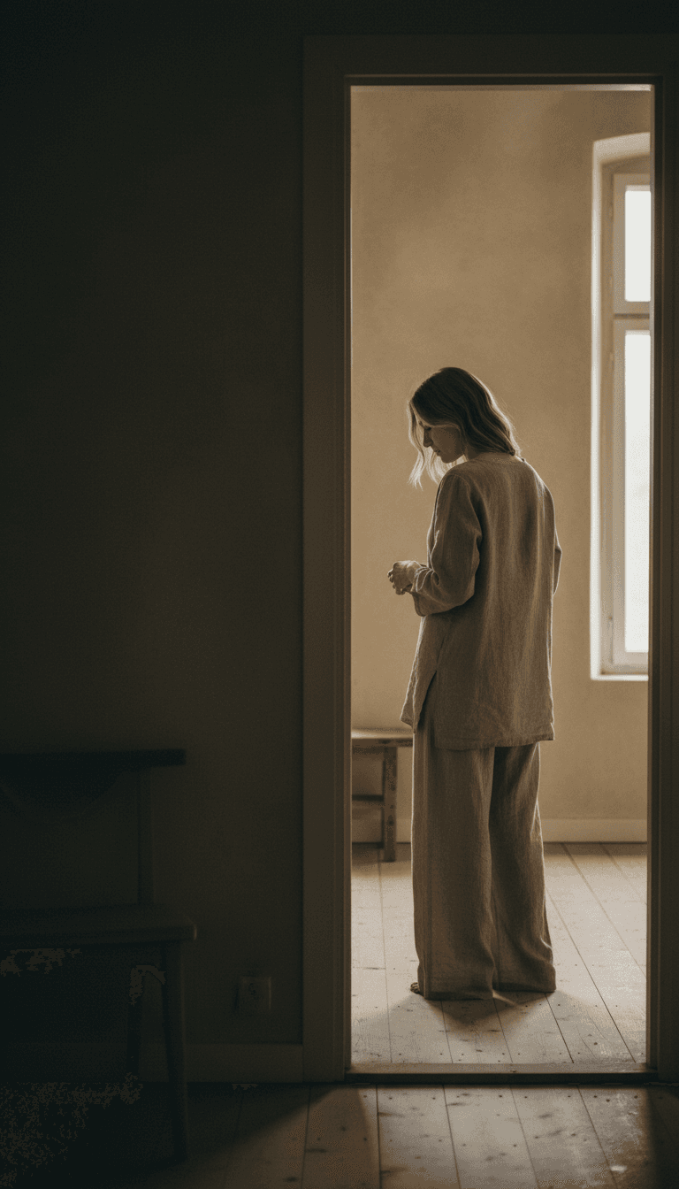 Person standing at the threshold between shadow and light, facing forward with a contemplative stance