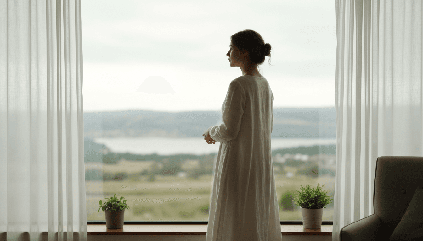 Woman standing by a large window in soft natural light, looking outward in quiet contemplation