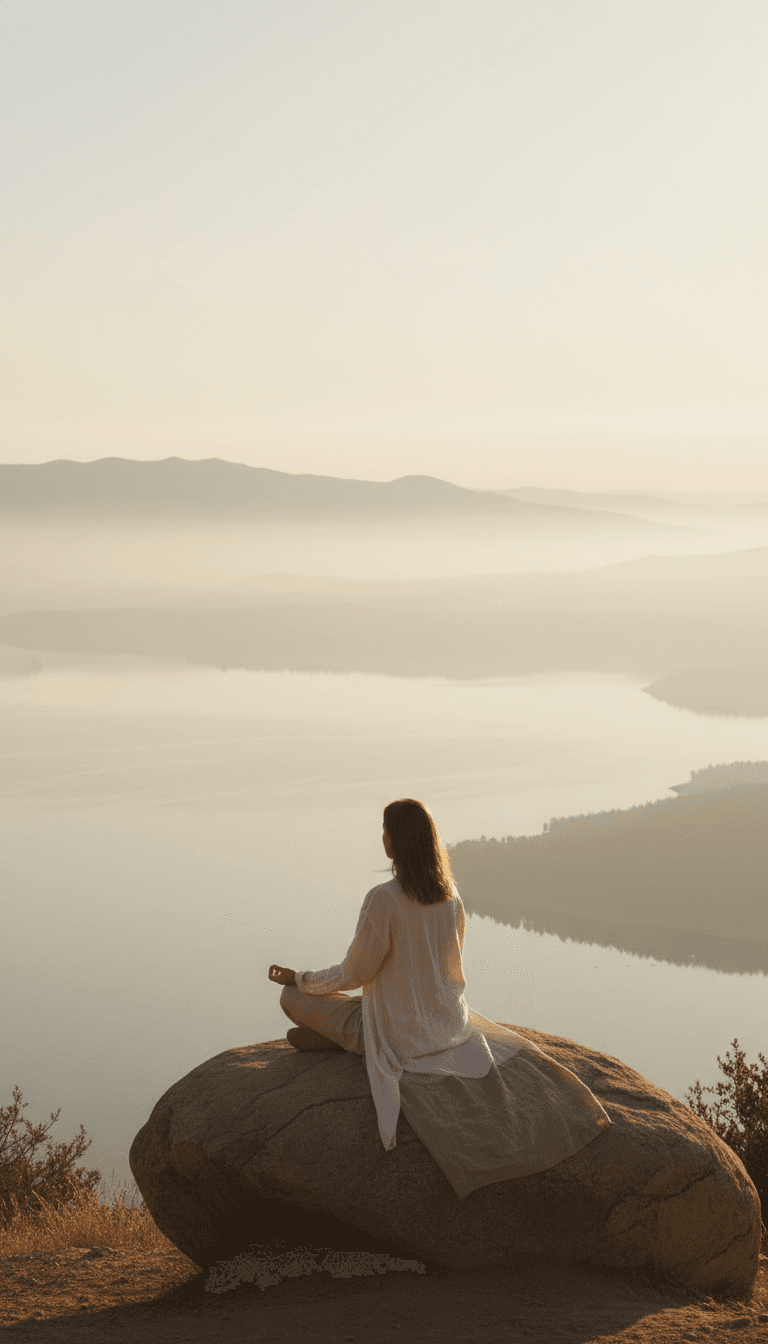 Person seated in quiet reflection overlooking a green valley