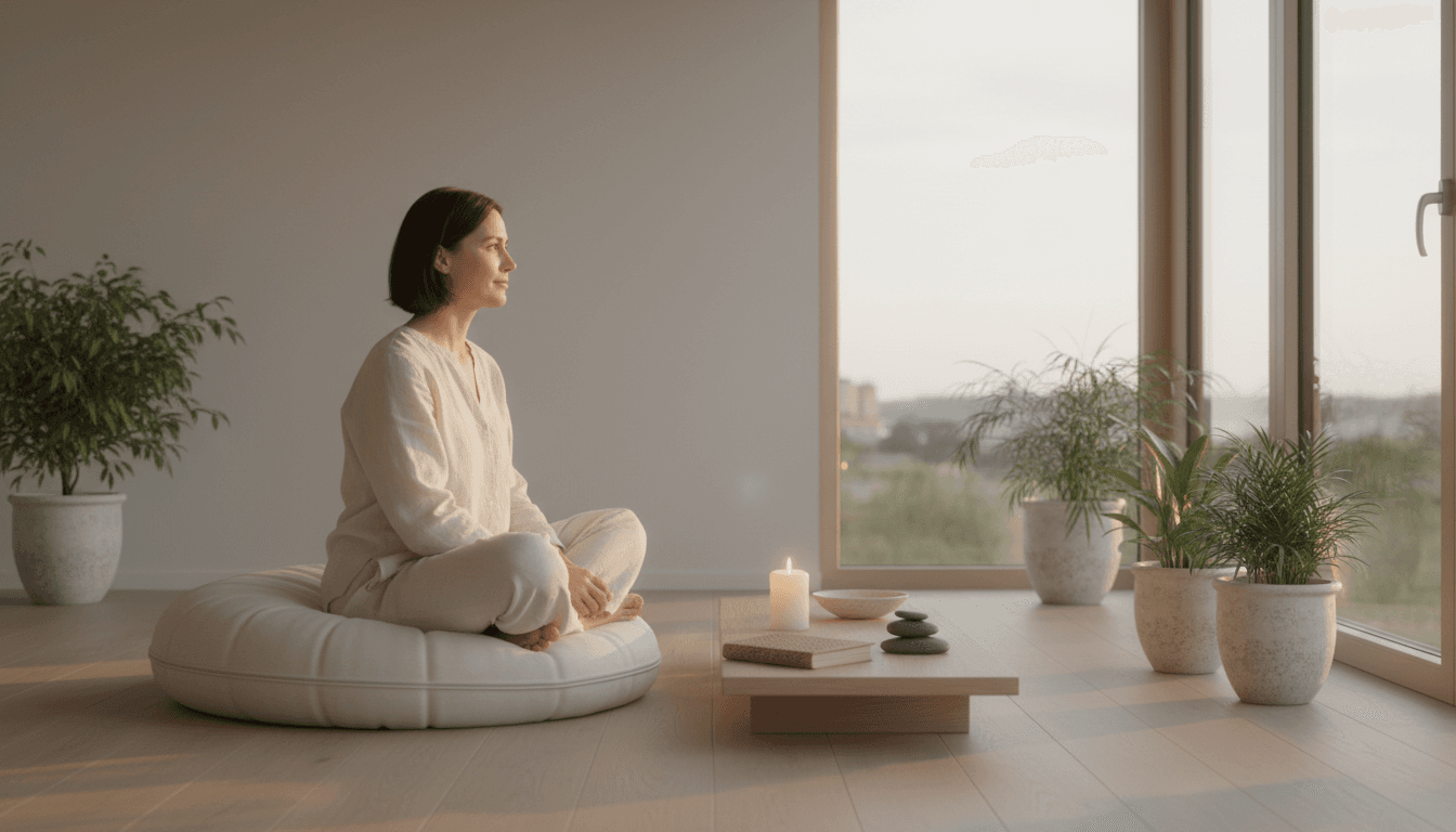 Woman sitting peacefully in meditation with soft natural light in a quiet room