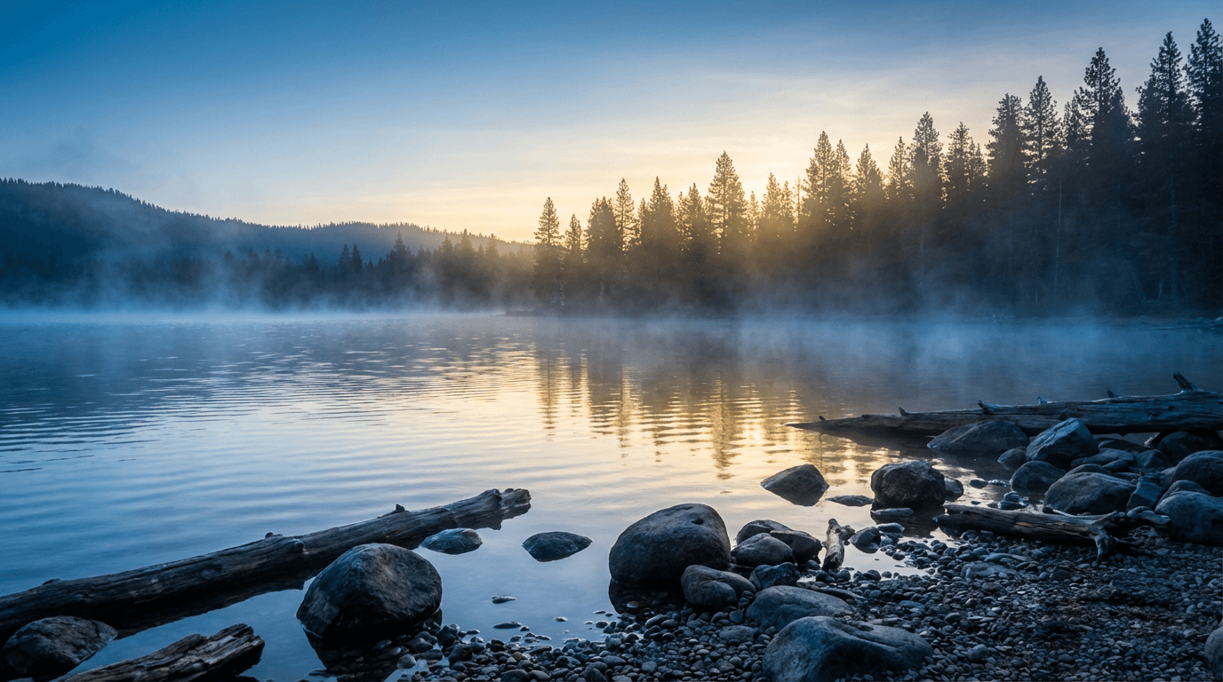 Calm ocean meeting a misty shoreline at dawn, quiet and still