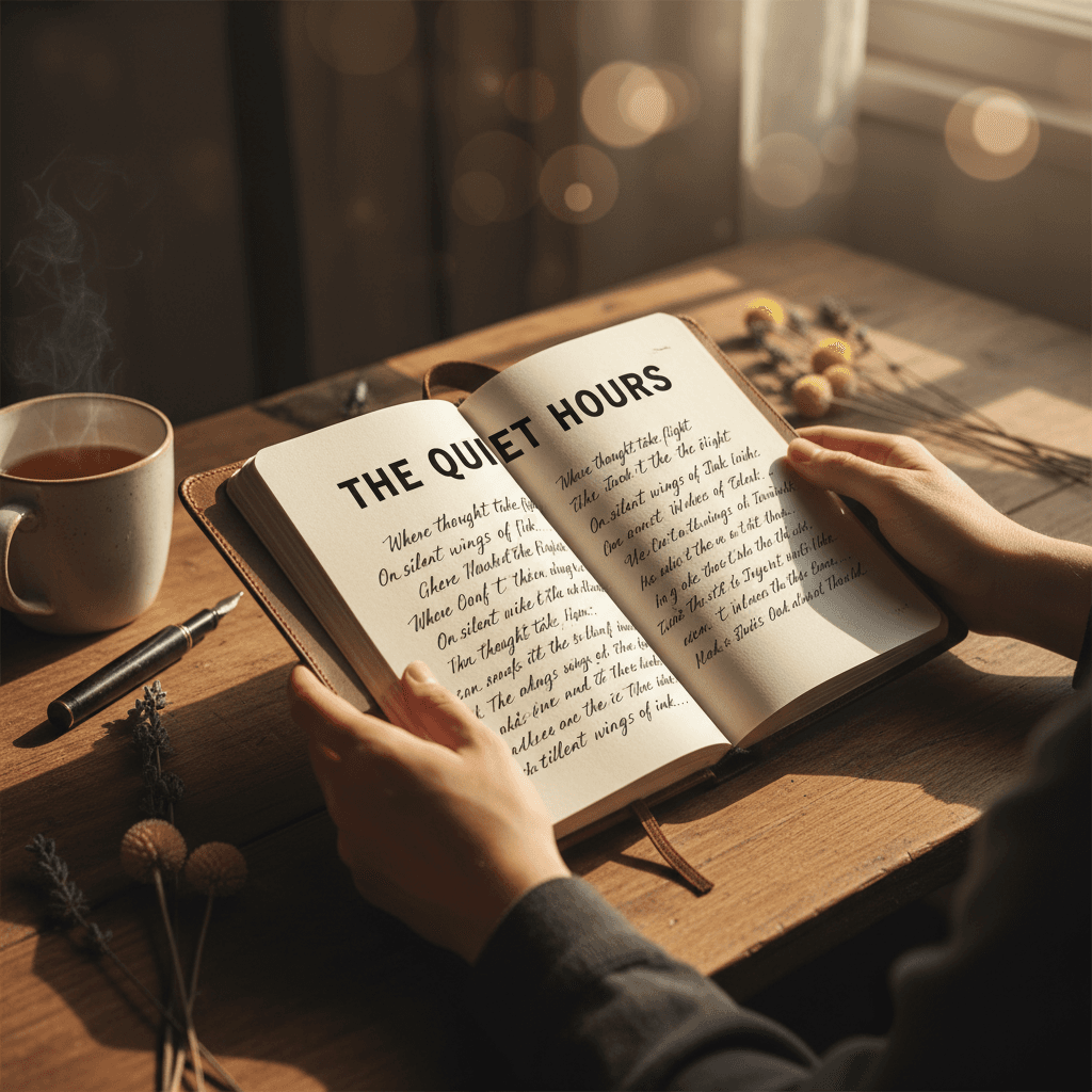 Open journal with handwritten notes on a wooden desk in soft morning light