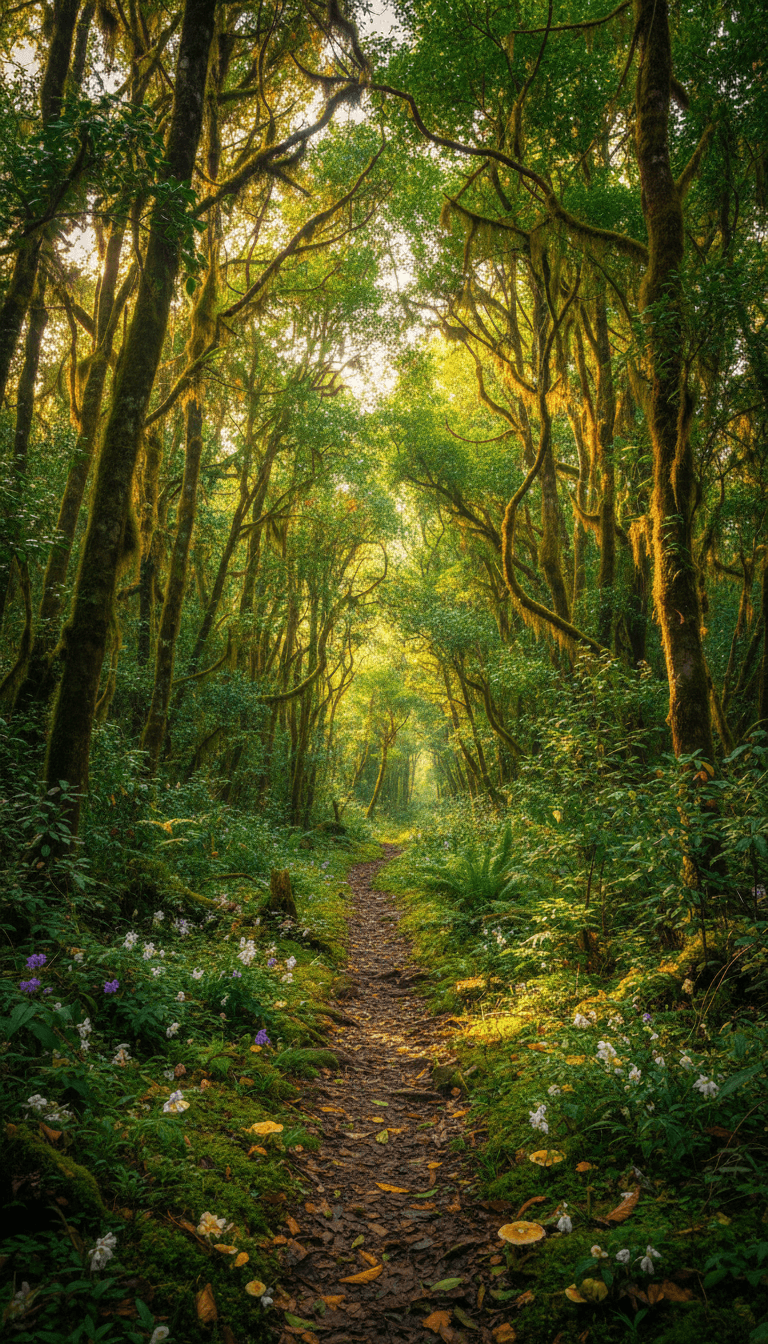 Forest walking path with sun filtering through leaves