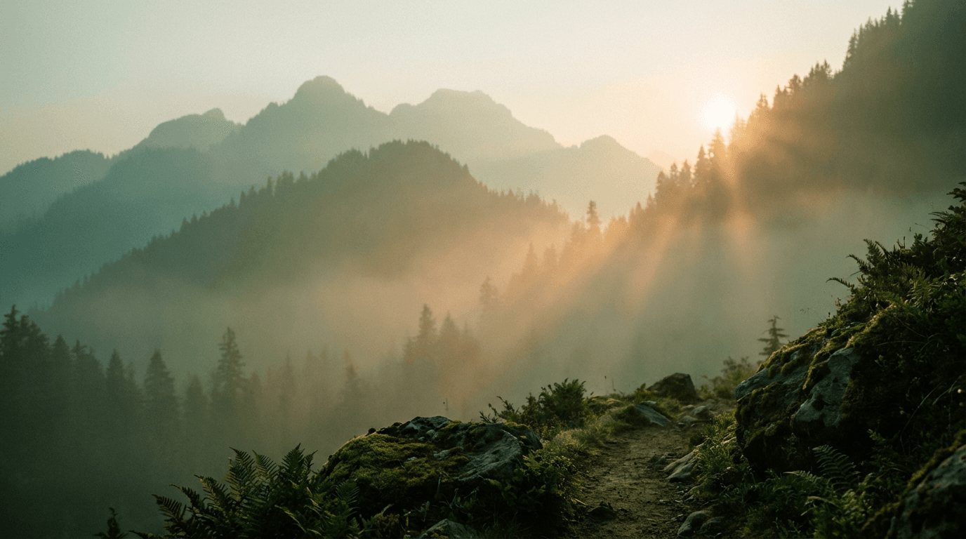 Misty forested mountain landscape with winding path, golden light rays, and layered peaks fading into fog.