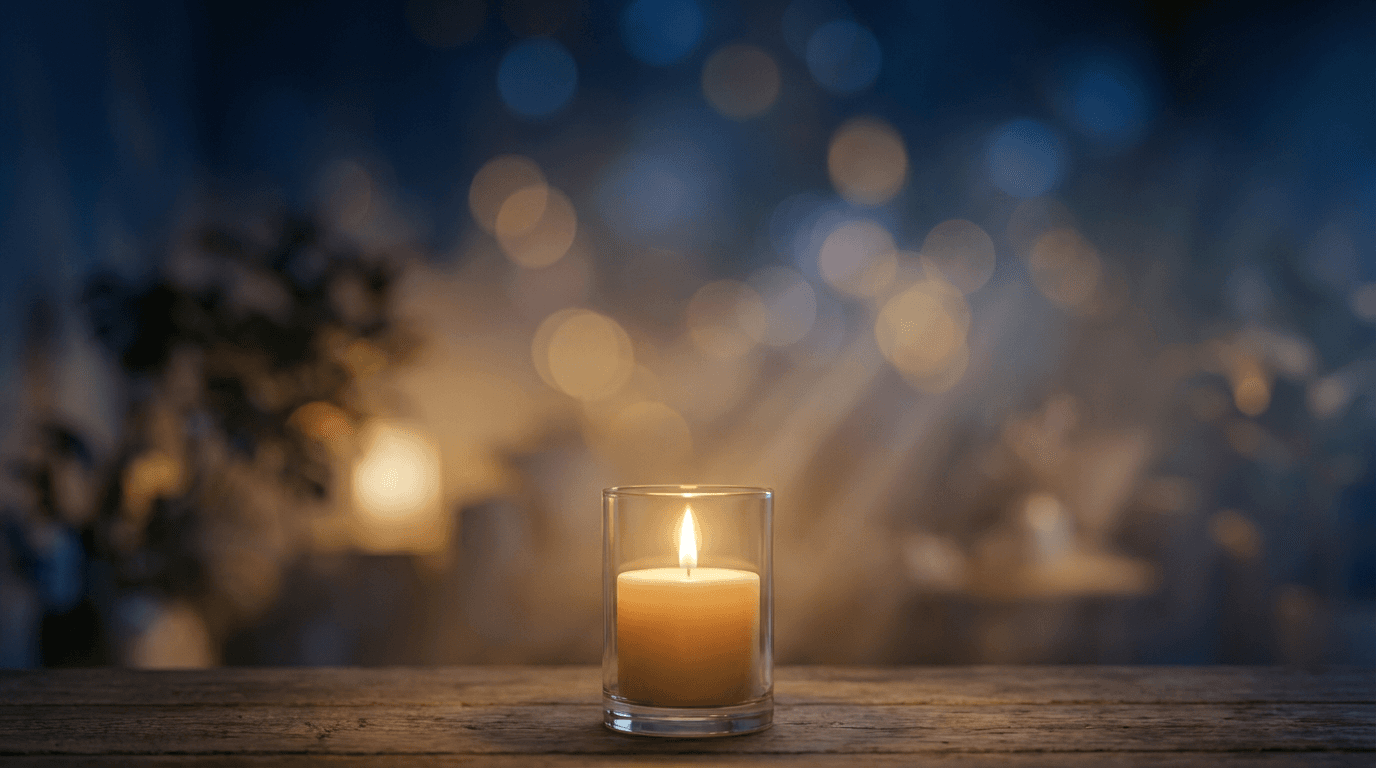 Single lit candle on a wooden table in a dimly lit room with soft shadows